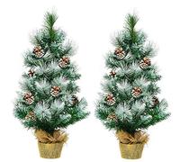 COSTWAY 2FT/60CM Christmas Tree, Small Artificial Xmas Trees with Pine Cones and Base, Holiday Decoration for Indoor Tabletop Garden Pathway (Green+White,2)