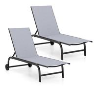 Costway 2PCS Chaise Lounge Chair W/Wheels 6-Position Recliner w/180° Full Flat in Grey COSTWAY Grey