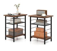 Costway 2Pcs Industrial End Table Height Adjustable 3-Tier Side Table-Brown
