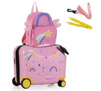 Costway 2PCS Kids Luggage Set 4L Backpack + 17L Ride-on Hardshell Suitcase in Pink COSTWAY Pink