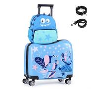 COSTWAY 2PCS Kids Luggage Set, Children Backpack and Ride-on Suitcase with Footrest, Anti-Lose Rope, Travel School Trolley Hardshell Case for Boys Girls (Dinosaur, 28cm Backpack + 33cm Suitcase)