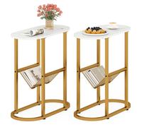 Costway 2PCS Narrow Side Table Modern Faux Marble End Table w/Magazine Holder in White COSTWAY White