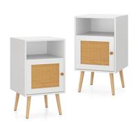 Costway 2Pcs Rattan Nightstand Bedside Table Pe Rattan Decorated Door-White