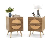 Costway 2Pcs Rattan Nightstand Bohemian Style Side End Table 2 Drawers Bedside Table