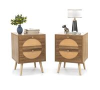 Costway 2Pcs Rattan Nightstand Bohemian Style Side End Table with 2 Drawers in Brown COSTWAY Brown