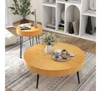 Costway 2Pcs Round Nesting Tables Boho Farmhouse Accent Coffee Tables W/ Adjustable Foot