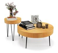 Costway 2PCS Round Nesting Tables Boho Farmhouse Accent Coffee Tables w/Adjustable Foot in Natural COSTWAY Natural