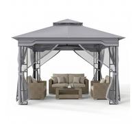 Costway 3.3 x 3.3 M Double Roof Soft Top Patio Gazebo w/ Zippered Mesh Netting in Grey COSTWAY Grey