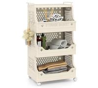 COSTWAY 3/4/5/6-Tier Laundry Basket on Wheels, Foldable Laundry Hamper Cart with Handles & 6 Hooks, Stackable Rolling Plastic Dirty Clothes Sorter Washing Baskets for Bathroom Bedroom (Beige, 4-Tier)