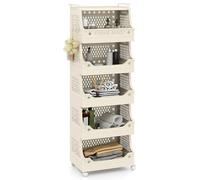 COSTWAY 3/4/5/6-Tier Laundry Basket on Wheels, Foldable Laundry Hamper Cart with Handles & 6 Hooks, Stackable Rolling Plastic Dirty Clothes Sorter Washing Baskets for Bathroom Bedroom (Beige, 6-Tier)