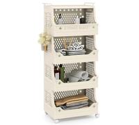 COSTWAY 3/4/5/6-Tier Laundry Basket on Wheels, Foldable Laundry Hamper Cart with Handles & 6 Hooks, Stackable Rolling Plastic Dirty Clothes Sorter Washing Baskets for Bathroom Bedroom (Beige, 5-Tier)