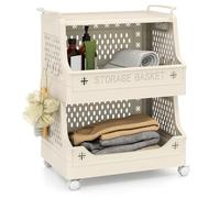 COSTWAY 3/4/5/6-Tier Laundry Basket on Wheels, Foldable Laundry Hamper Cart with Handles & 6 Hooks, Stackable Rolling Plastic Dirty Clothes Sorter Washing Baskets for Bathroom Bedroom (Beige, 3-Tier)