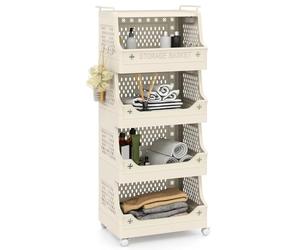 COSTWAY 3/4/5/6-Tier Laundry Basket on Wheels, Foldable Laundry Hamper Cart with Handles & 6 Hooks, Stackable Rolling Plastic Dirty Clothes Sorter Washing Baskets for Bathroom Bedroom (Beige, 5-Tier)