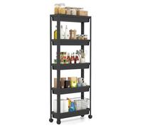 COSTWAY 3/4/5 Tier Slim Storage Trolley, Narrow Rolling Utility Cart on Wheels, Slide Out Storage Shelving Organizer for Kitchen Bathroom Laundry Office, 18.5cm Wide (Black, 5 Tier)