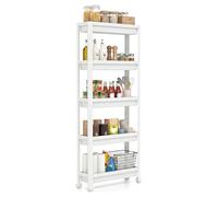 COSTWAY 3/4/5 Tier Slim Storage Trolley, Narrow Rolling Utility Cart on Wheels, Slide Out Storage Shelving Organizer for Kitchen Bathroom Laundry Office, 18.5cm Wide (White, 5 Tier)