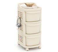 COSTWAY 3/4 Drawers Rolling Utility Cart, Plastic Storage Trolley with Wheels, 6 Hooks, Pegboard & Handle, Multi-Functional Mobile Storage Organizer for Living Room Bedroom School Beauty (3 Drawers)