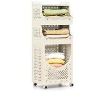 COSTWAY 3/4-Tier Laundry Basket Trolley on Wheels, Foldable Laundry Hamper Cart with Storage Shelves/Box & Hooks, Rolling Plastic Clothes Sorter Washing Baskets Organiser (4 Tiers)