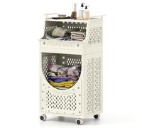COSTWAY 3/4-Tier Laundry Basket Trolley on Wheels, Foldable Laundry Hamper Cart with Storage Shelves/Box & Hooks, Rolling Plastic Clothes Sorter Washing Baskets Organiser (3 Tiers)
