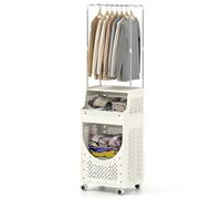 COSTWAY 3/4-Tier Laundry Basket Trolley on Wheels, Foldable Laundry Hamper Cart with Storage Shelves/Box & Hooks, Rolling Plastic Clothes Sorter Washing Baskets Organiser (3 Tiers with Clothes Rail)