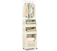 COSTWAY 3/4-Tier Laundry Basket Trolley on Wheels, Foldable Laundry Hamper Cart with Storage Shelves/Box & Hooks, Rolling Plastic Clothes Sorter Washing Baskets Organiser (4 Tiers with Clothes Rail)