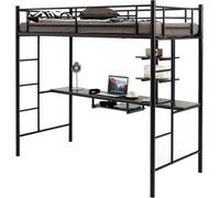 Costway 3.5FT Single Metal Loft Bed Frame High Sleeper Bunk Bed W/ Desk Storage Shelves in Black COSTWAY Black