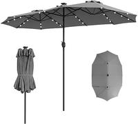 COSTWAY 3.8m/4.5m Double-Sided Parasol, 12 Heavy-Duty Ribs Extra Large Sun Umbrella with 108/48 LED Lights & Crank Handle, Outdoor Twin Market Sunshade Shelter Canopy (Grey, 460 x 287 x 260cm)