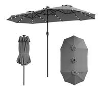 COSTWAY 3.8m/4.5m Double-Sided Parasol, 12 Heavy-Duty Ribs Extra Large Sun Umbrella with Lights & Crank Handle, Outdoor Twin Market Sunshade Shelter Canopy (Grey+White Lights, 376 x 204 x 224cm)