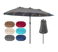 COSTWAY 3.8m/4.5m Double-Sided Parasol, 12 Heavy-Duty Ribs Extra Large Sun Umbrella with Lights & Crank Handle, Outdoor Twin Market Sunshade Shelter Canopy (Grey, 144 Lights, 436 x 258 x 254cm)