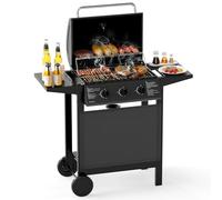 COSTWAY 3-Burner Propane Gas Grill, 24,000 BTU Outdoor Cooking Grill with Wheels, Lid Stainless Steel Grates and Side Tables, Portable Patio Barbecue Trolley
