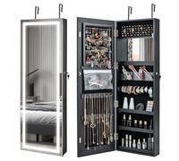 COSTWAY 3-Color LED Lights Jewellery Cabinet, Door Hanging/Wall Mounted Jewelry Armoire with Full Length Mirror and Large Storage, Bedroom Lockable Cosmetics Jewellery Organiser Unit Gift (Black)