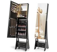 COSTWAY 3-Color LED Lights Jewellery Cabinet, Freestanding Jewelry Armoire with Full Length Mirror, Large Storage and Foldable Shelf, 3-Angle Adjustable Bedroom Jewellery Organiser Unit (Black)