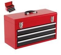 COSTWAY 3 Drawers Tool Box, Lockable Steel Toolbox with Top Storage Tray, Ball Bearing Runners, EVA Liners & Carry Handle, Tool Chest Storage Cabinet for Home Workshop (Red+Black)