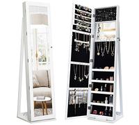 COSTWAY 3-in-1 Jewelry Cabinet, Lockable Jewelry Armoire Storage Unit with Full Length Mirror and Display Shelf, Home Bedroom Dressing Room Cosmetics Jewellery Organiser (Fixed White)