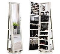 COSTWAY 3-in-1 Jewelry Cabinet, Lockable Jewelry Armoire Storage Unit with Full Length Mirror and Display Shelf, Home Bedroom Dressing Room Cosmetics Jewellery Organiser (360° Swivel White)