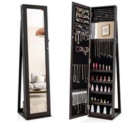 COSTWAY 3-in-1 Jewelry Cabinet, Lockable Jewelry Armoire Storage Unit with Full Length Mirror and Display Shelf, Home Bedroom Dressing Room Cosmetics Jewellery Organiser (Fixed Espresso)