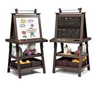 COSTWAY 3 in 1 Kids Art Easel, Double-Sided Blackboard and Magnetic Whiteboard Easels with Paper Roll, Storage Boxes & Racks, Children Educational Toys Gift (Coffee)
