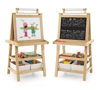 COSTWAY 3 in 1 Kids Art Easel, Double-Sided Blackboard and Magnetic Whiteboard Easels with Paper Roll, Storage Boxes & Racks, Children Educational Toys Gift (Natural)