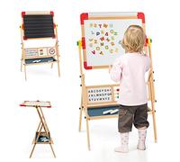 COSTWAY 3 in 1 Kids Art Easel, Double-Sided Chalkboard and Whiteboard with Paper Roll, Magnetic Letters, Abacus, 360° Rotating Drawing Board for Toddlers Boys Girls