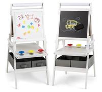 COSTWAY 3 in 1 Kids Art Easel, Double-Sided Toddler Drawing Board with Magnetic Whiteboard & Chalkboard, Paper Roll, 3 Paint Cups, Storage Bins and Racks, Children Easels for 3-6 Yeas Old (White)