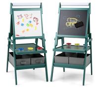 COSTWAY 3 in 1 Kids Art Easel, Double-Sided Toddler Drawing Board with Magnetic Whiteboard & Chalkboard, Paper Roll, 3 Paint Cups, Storage Bins and Racks, Children Easels for 3-6 Yeas Old (Green)