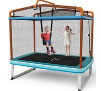 COSTWAY 3 in 1 Kids Trampoline, 6FT Mini Toddler Trampolines with Swing, Horizontal Bar and Enclosure Safety Net, Rectangle Trampoline for Outdoor Indoor (Blue + Orange)