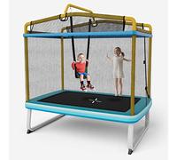 COSTWAY 3 in 1 Kids Trampoline, 6FT Mini Toddler Trampolines with Swing, Horizontal Bar and Enclosure Safety Net, Rectangle Trampoline for Outdoor Indoor (Blue + Yellow)
