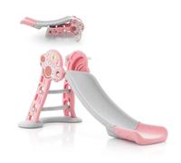 COSTWAY 3 in 1 Large Kids First Slide, Toddler Climber Slide Set with Basketball Hoop, Small Basketball & Safe Buffer Zone, Indoor Outdoor Freestanding Slider Playset Baby Playground (Pink)