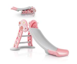 COSTWAY 3 in 1 Large Kids First Slide, Toddler Climber Slide Set with Basketball Hoop, Small Basketball & Safe Buffer Zone, Indoor Outdoor Freestanding Slider Playset Baby Playground (Pink)