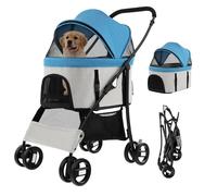 COSTWAY 3 in 1 Pet Stroller, Folding Dog Strollers with Detachable Car Seat Carrier, Adjustable Canopy, Storage Basket, 4 Wheels Travel Pushchair for Small Medium Dogs Cats (Blue+Grey)