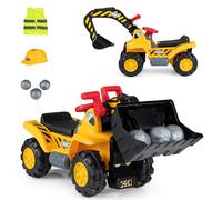 COSTWAY 3-in-1 Ride on Excavator Bulldozer, Kids Foot-to-Floor Push Car | Sit & Scoot Toy Construction Vehicle with Engine Sound, Under Seat Storage, Helmet and Vest for Ages 2+ Years Old
