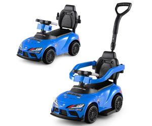 COSTWAY 3 in 1 Ride on Push Car, Licensed Toyota Stroller Sliding Walking Car with Handle, Music, Safety Guardrail & Under-Seat Storage, Toddler Foot to Floor Slider for Boys Girls 1.5-5 Years (Blue)
