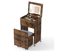 Costway 3-In-1 Small Vanity Table Set W/ Flip-Top Mirror & Lights-Rustic Brown