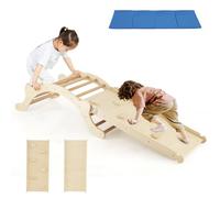 COSTWAY 3-in-1 Toddler Climbing Frame, Kids Wooden Arch Swing with Blue Mat and Reversible Ramp for Crawling, Indoors Outdoors Kids Ladder Rocker (Natural)
