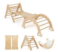 Costway 3-In-1 Triangle Climbing Set Wooden Toddler Climber With Reversible Ramp Arch-Natural With Mat